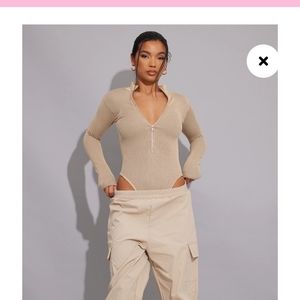 Pretty Little Thing Stone Contour Rib Zip Up Long Sleeve Bodysuit L fits sz 8